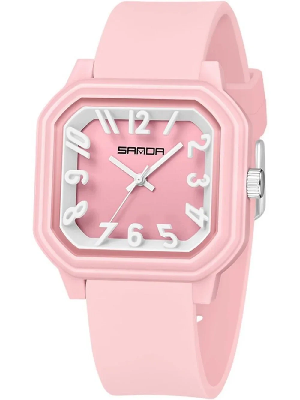Women’s Pink Red Big Arabic Numbers Silicone Strap Analog Square Wrist Watch